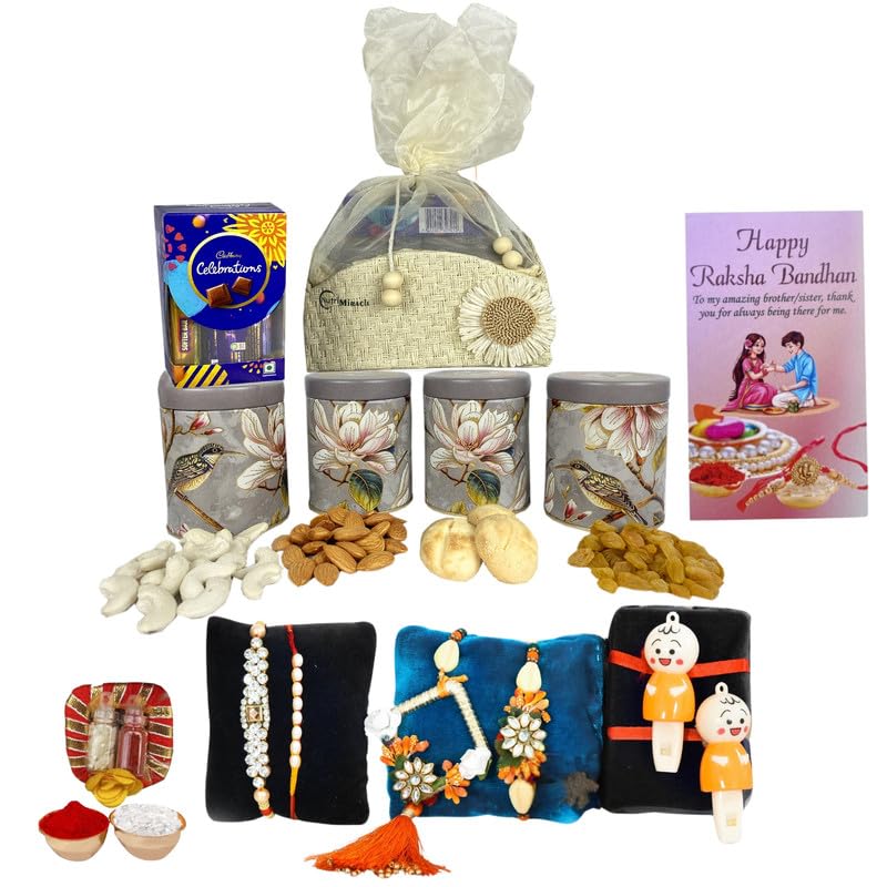 Image of NUTRI MIRACLE Rakhi Dry Fruits and Chocolate Combo Perfect for Sibling Bonding | Wedding Guest Gift Basket with Healthy Nut and Mix