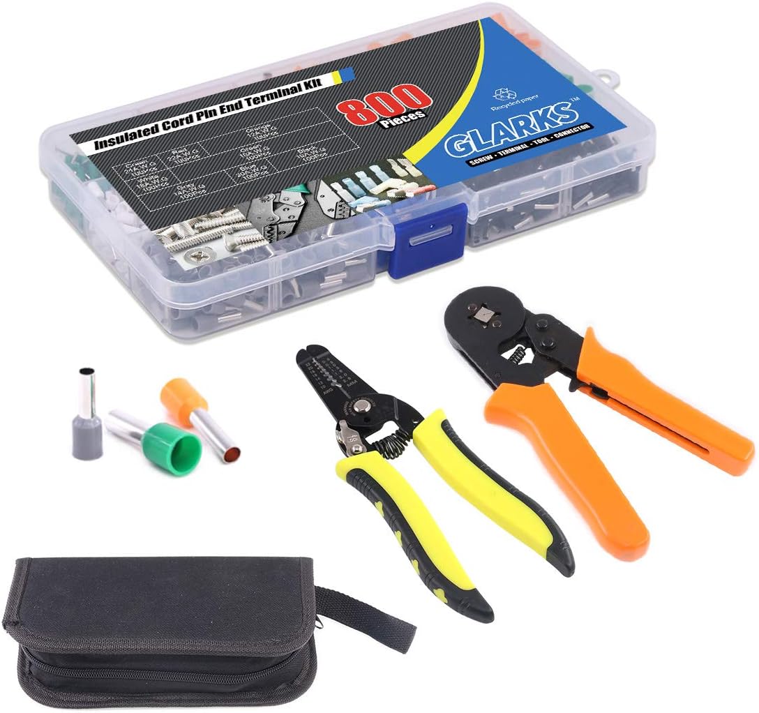 Glarks Ferrule Crimping Tool Kit, Ferrule Wire Terminal Block Crimper Plier with 800pcs Wire Ferrule Terminals Kit Insulated 0.25-6.0mm², AWG 23-10 and A 10-22 AWG Wire Stripper for Wiring Projects