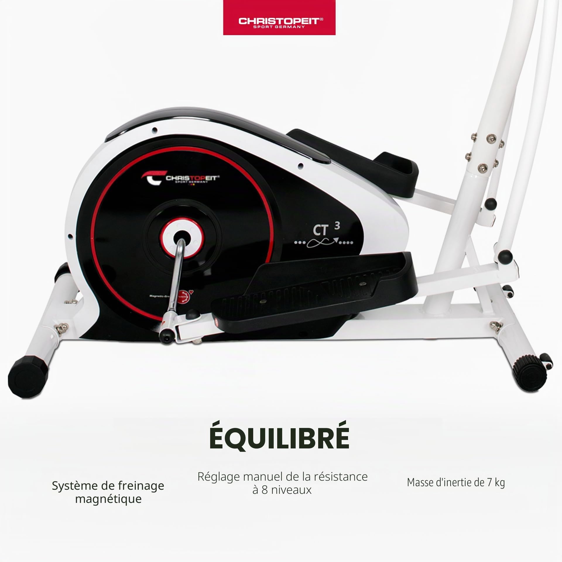 Christopeit Vélo elliptique et vélo d'appartement, 2 en 1 CT 4 avec frein magnétique de 7 kg et 8 niveaux de résistance – Entraînement silencieux, écran LCD, capteurs de pouls et support pour tablette