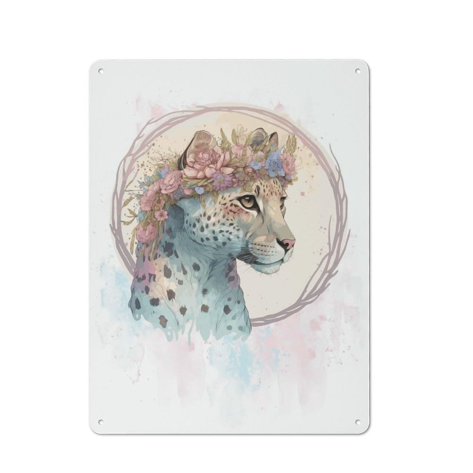 Junmoney Style-20 40X30cm Retro Tin Sign With Flower Crown Cheetah Art For Living Room Or Hallway, A Decorative Metal Sign For Living Rooms And Hallways