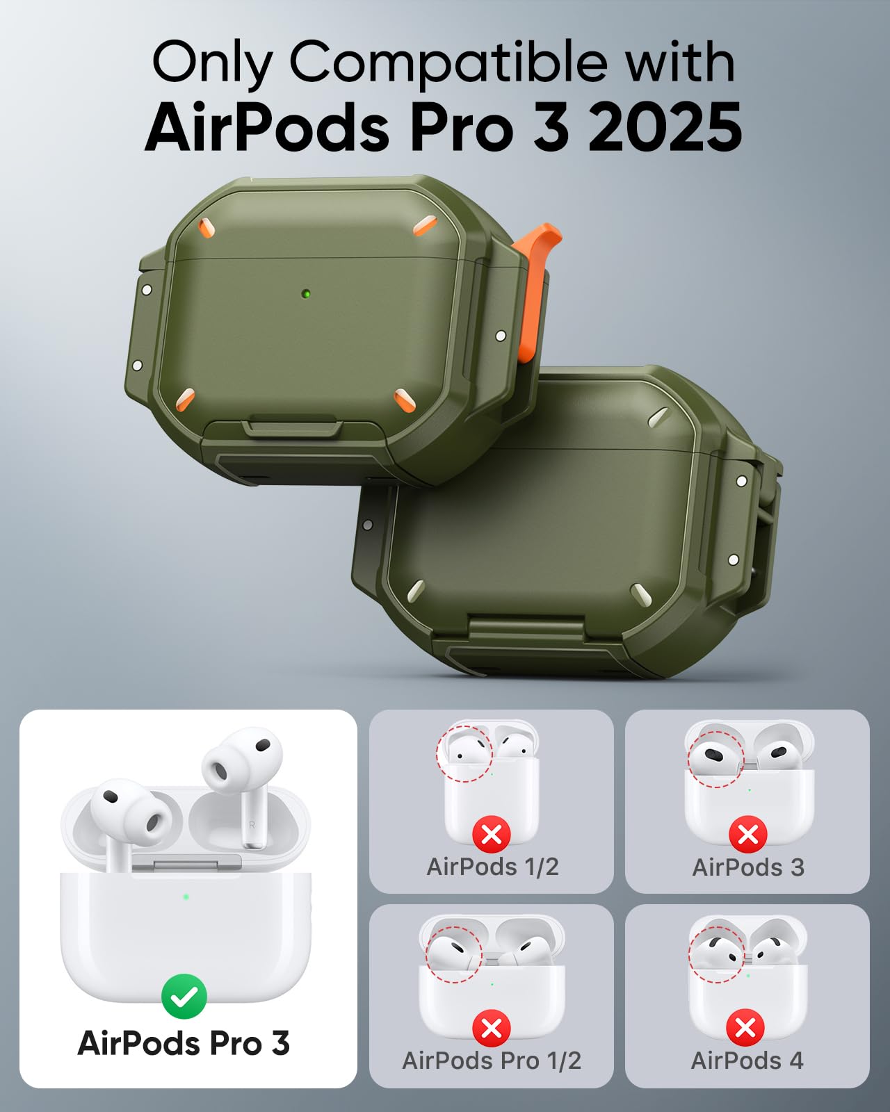MoKo for AirPods Pro 3 Case with Secure Lock - IP68 Waterproof Case for iPods Pro 3, Military-Grade Protective Cover Earpods Pro 3 with Keychain, Phone Stand & Cleaner Kit, Green thumbnail 4