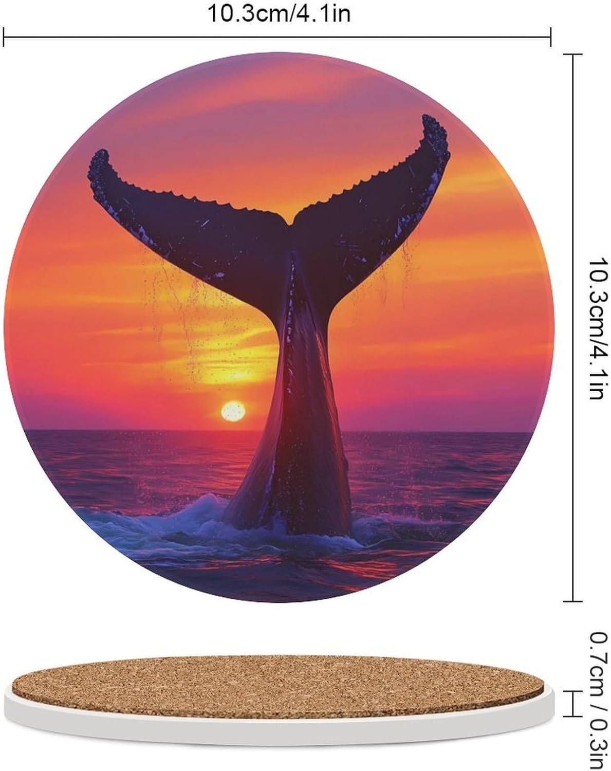 Humpback Whale Tail in Sunset Round Ceramic Coasters Print Drinks Absorbent with Cork Base for Home Decor Gifts 4 Inch