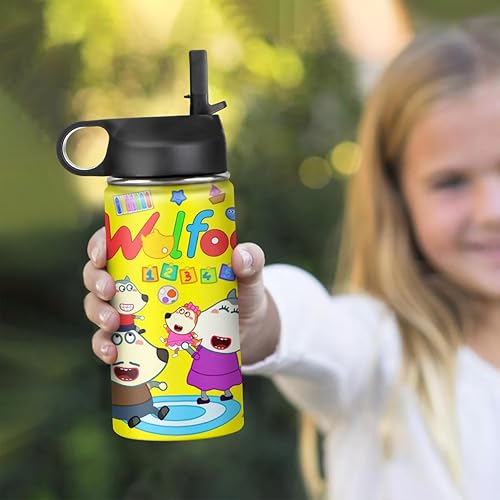 Miniatura 6 de Wolfoo - Botella de agua familiar con pajilla, botella de agua para niños con mango giratorio ancho, tapa de pajilla, botella de agua de acero