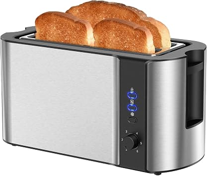 10 Long Slot 2 Slice Stainless Steel Toaster, 4 Slice, Warming Rack & 6 Shade Settings, Defrost/Reheat/Cancel, For Croissants & Bread Silver