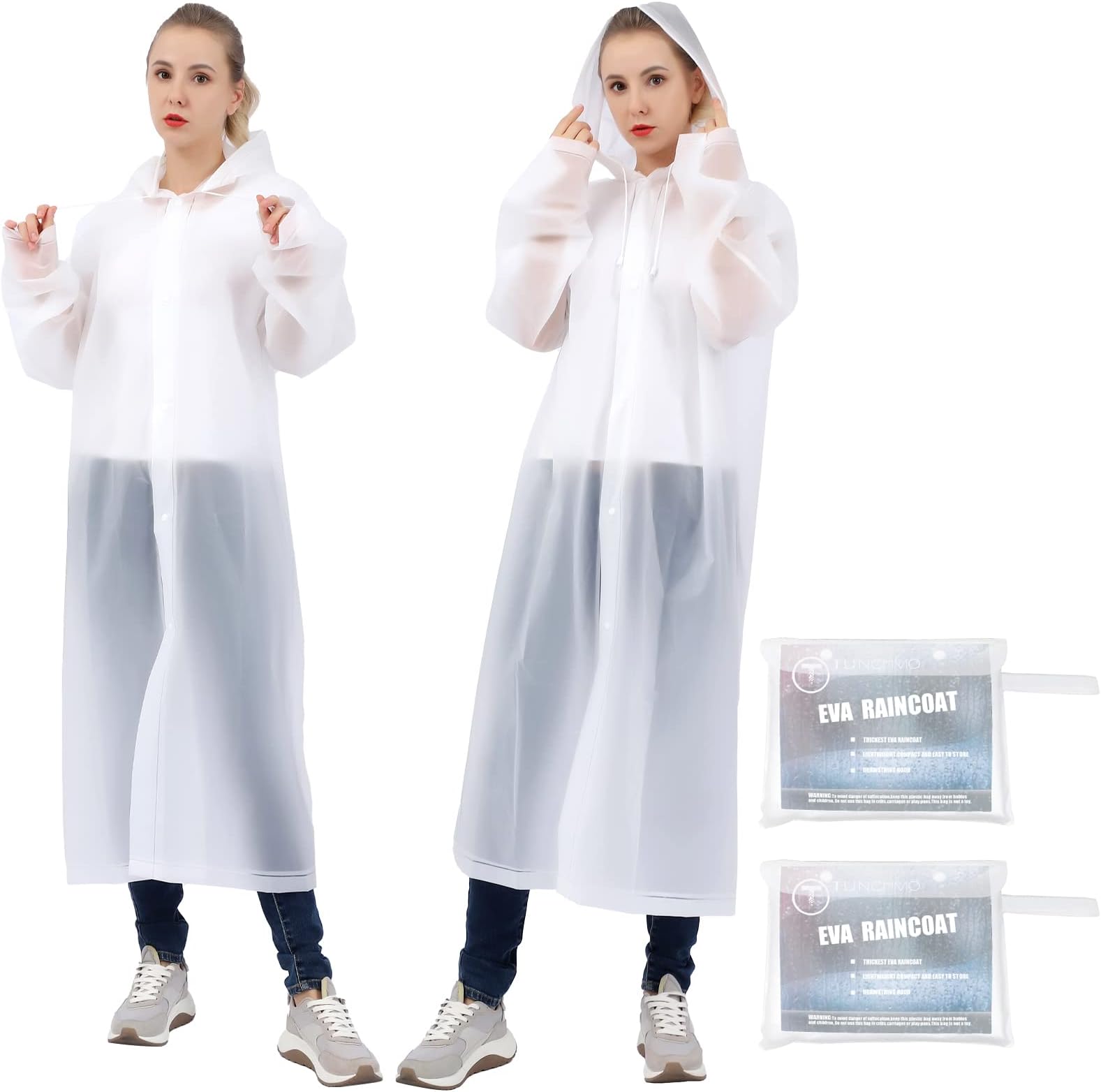 TUNCHMO2-Pack Reusable Rain Coats - Extra Thick EVA (20%/100% Thicker) - Hooded Ponchos for Men/Women