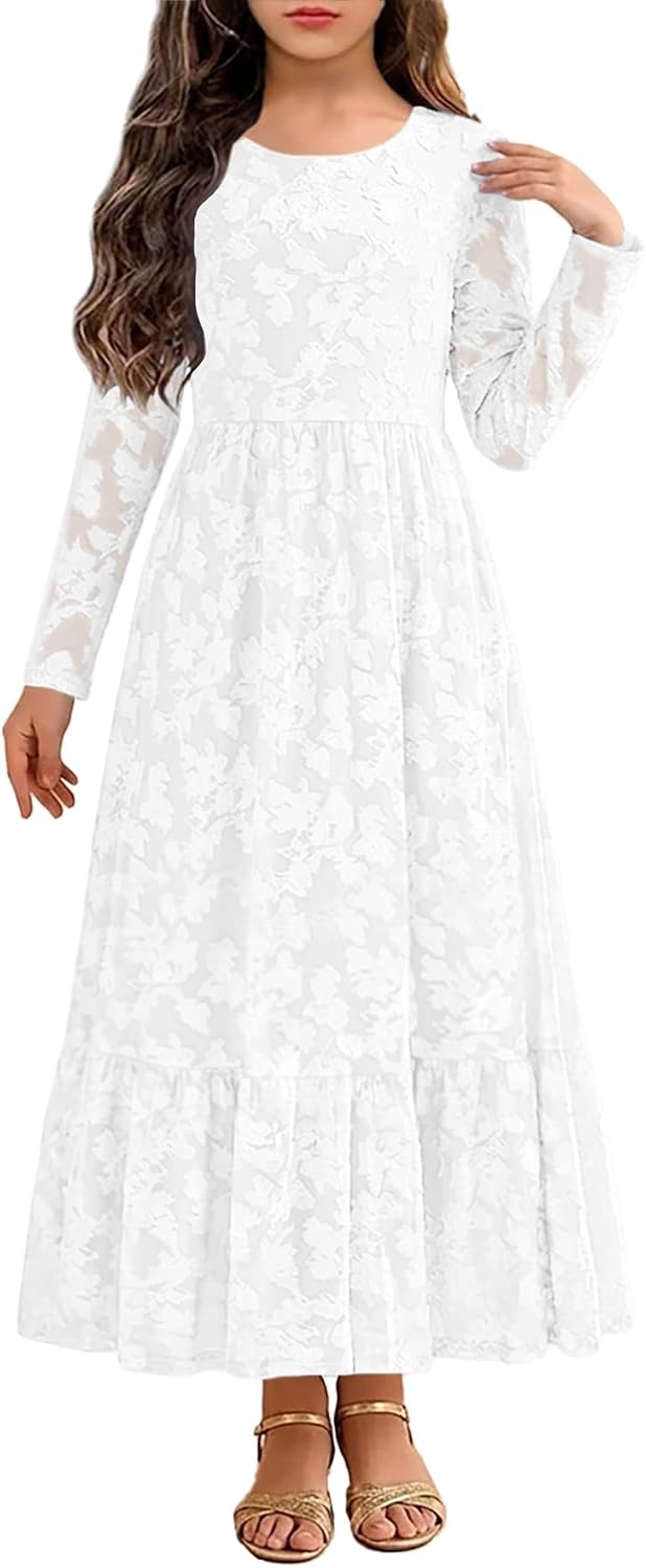HOSIKA Girls Fall Long Sleeve Flowy Long Dress for Wedding Guest Party