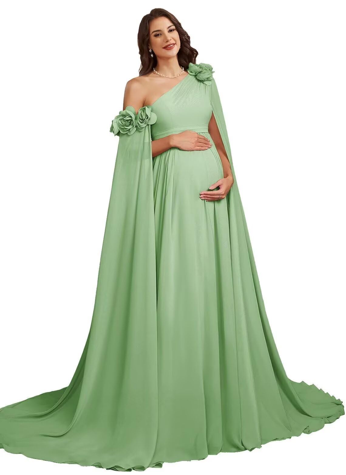 One Shoulder Chiffon Maternity Dresses for Photoshoot Cape Sleeve 3D Floral Long Photography Baby Shower Dress