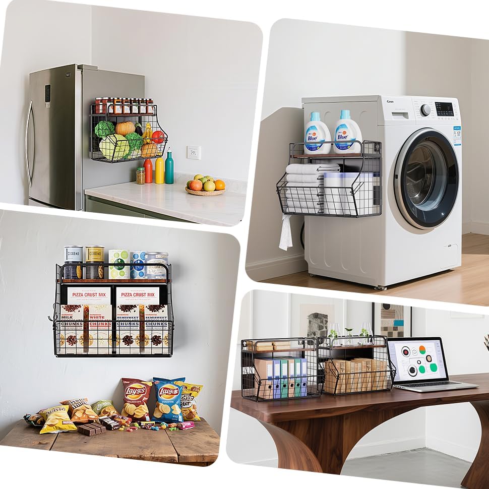 Miniatura 6 de MOJOHAND Estante magnético para refrigerador con tapa de madera, papelera de almacenamiento de papas y cebollas, organizador y almacenamiento de