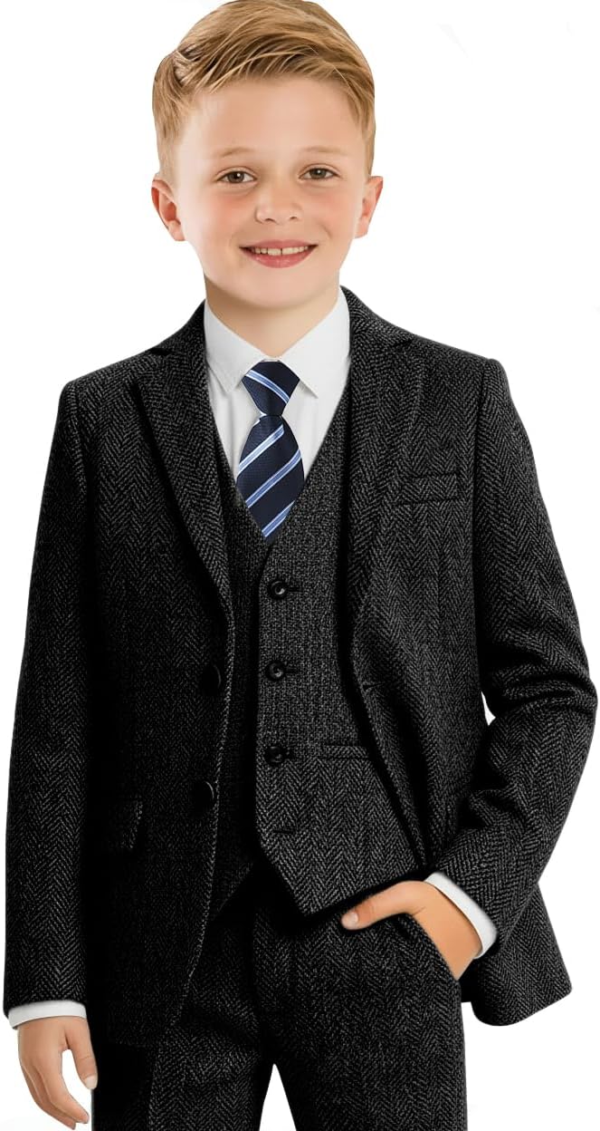 Tweed Boys Suit Retro Herringbone Tuxedo Suits 4 Pcs Dress Blazer Vest Pants Tie Set Wedding Party Outfit