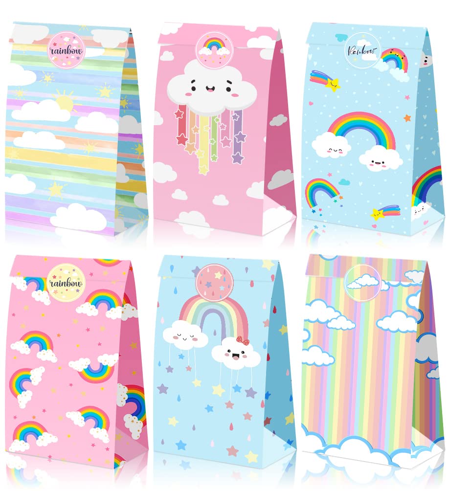 SCIONE 24pcs Paper Party Favor Goody Bags - 5.1 * 3.1 * 9 Inch Rainbow Gift Bags with Cloud Stcikes, 6 Colors for Kids Birthday, Crafts and Activities, Wedding, Mother's Day