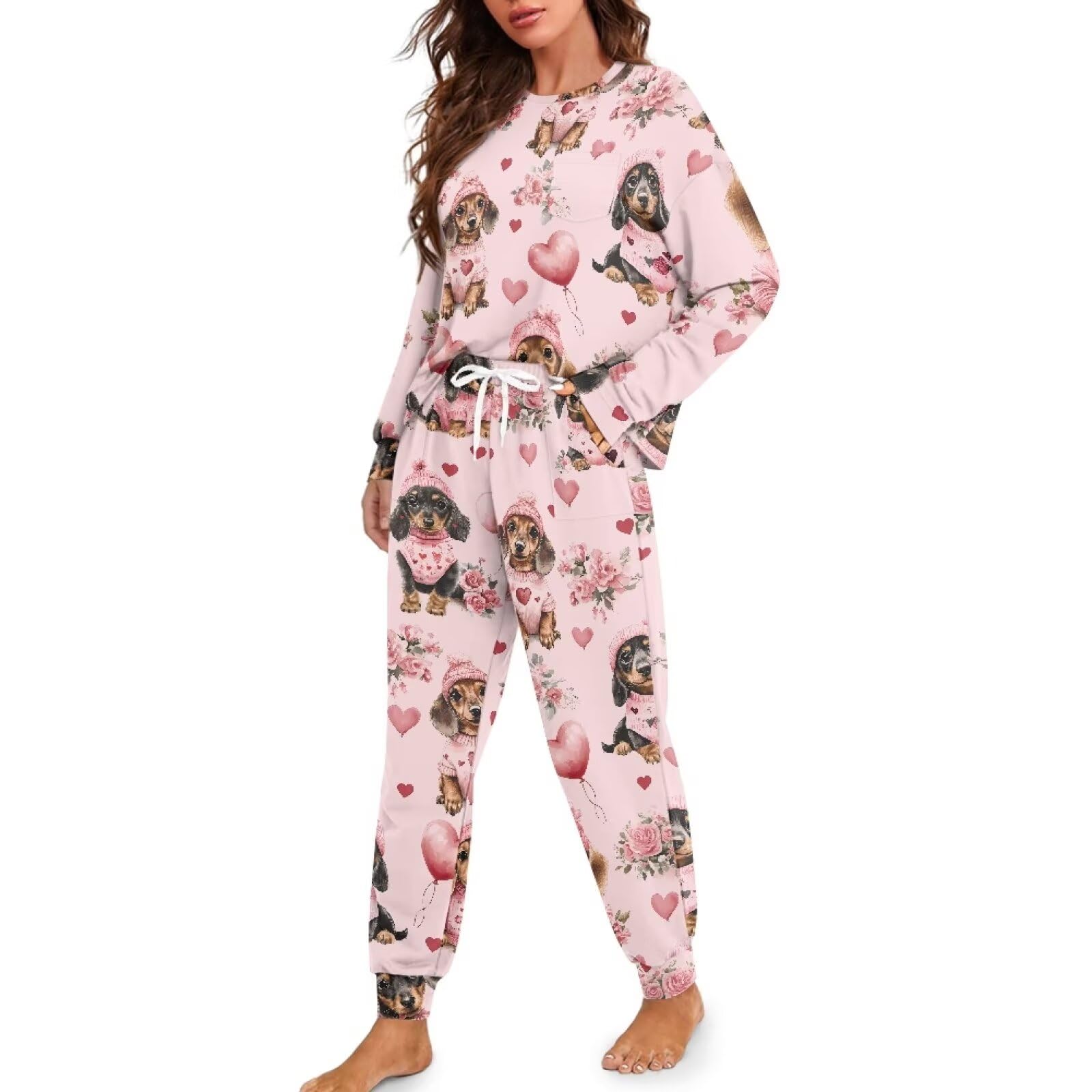 Women's 2 Piece Printed Pajama Set Long Sleeve Sleepwear Set with Long Pants Casual Lounge Sets with Pocket