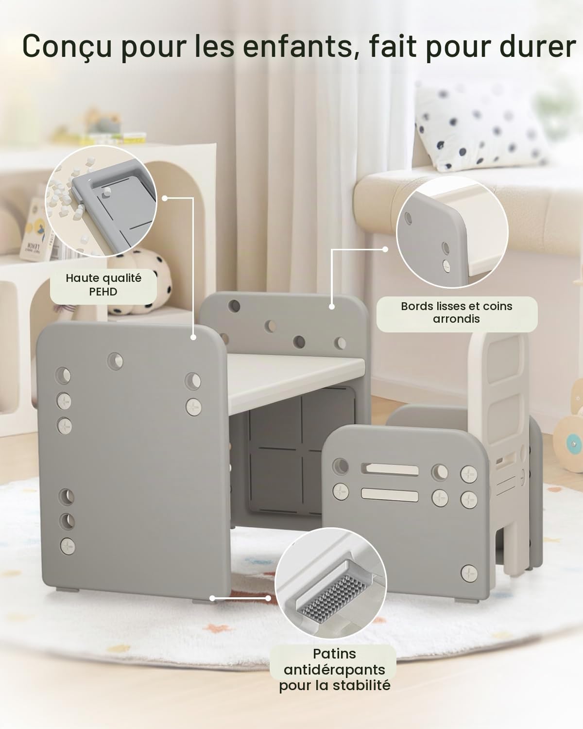 Table et Chaise pour Enfants, Table d’Activités avec Plateau Incliné pour Dessiner, Lire, Écrire et Jouer(Gris)
