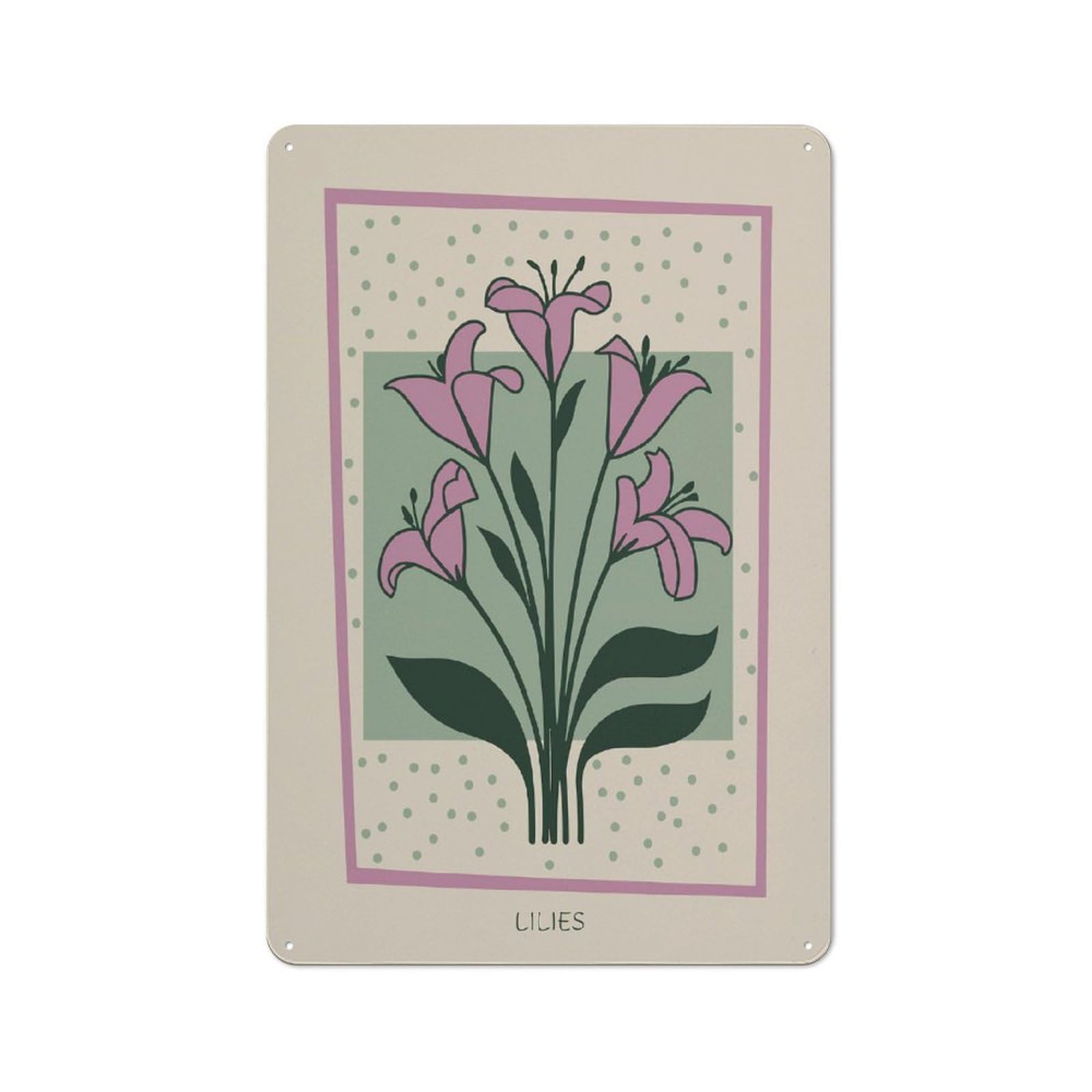 Junmoney Style-9 Pink Lily Bouquet Mid Century Cottage Style Metal Wall Decor 30X20cm, Farmhouse Metal Sign For Kitchen, Cottage, Porch Or Garden Room