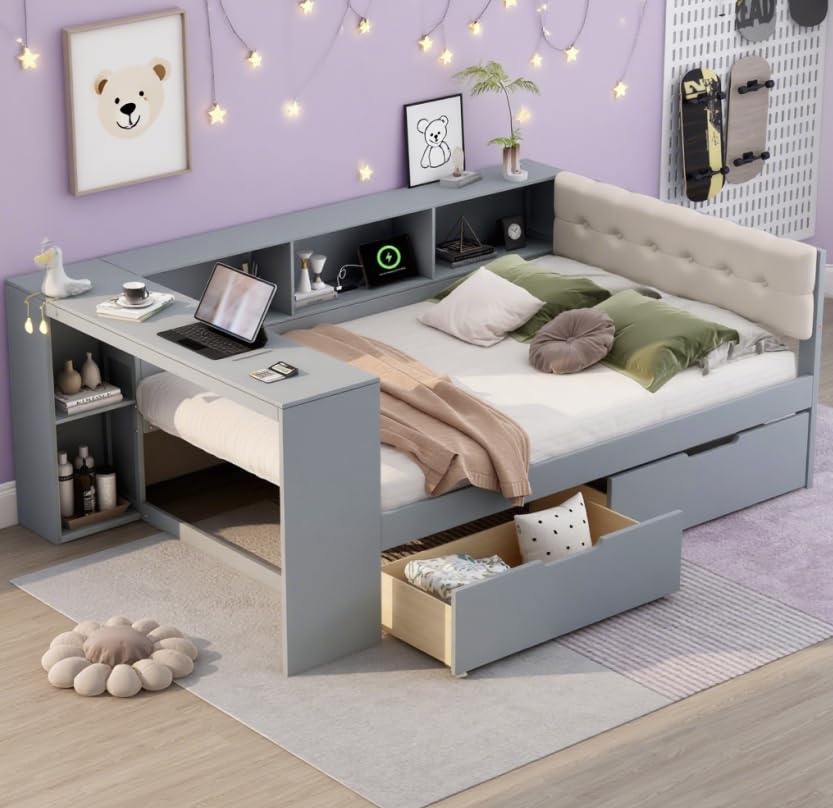 Bellemave Full Corner Bed Frame with Storage Shelves and Desk, Wood Full SizeDaybed with Bookcase and Drawers and Upholstered Headboard, Gray
