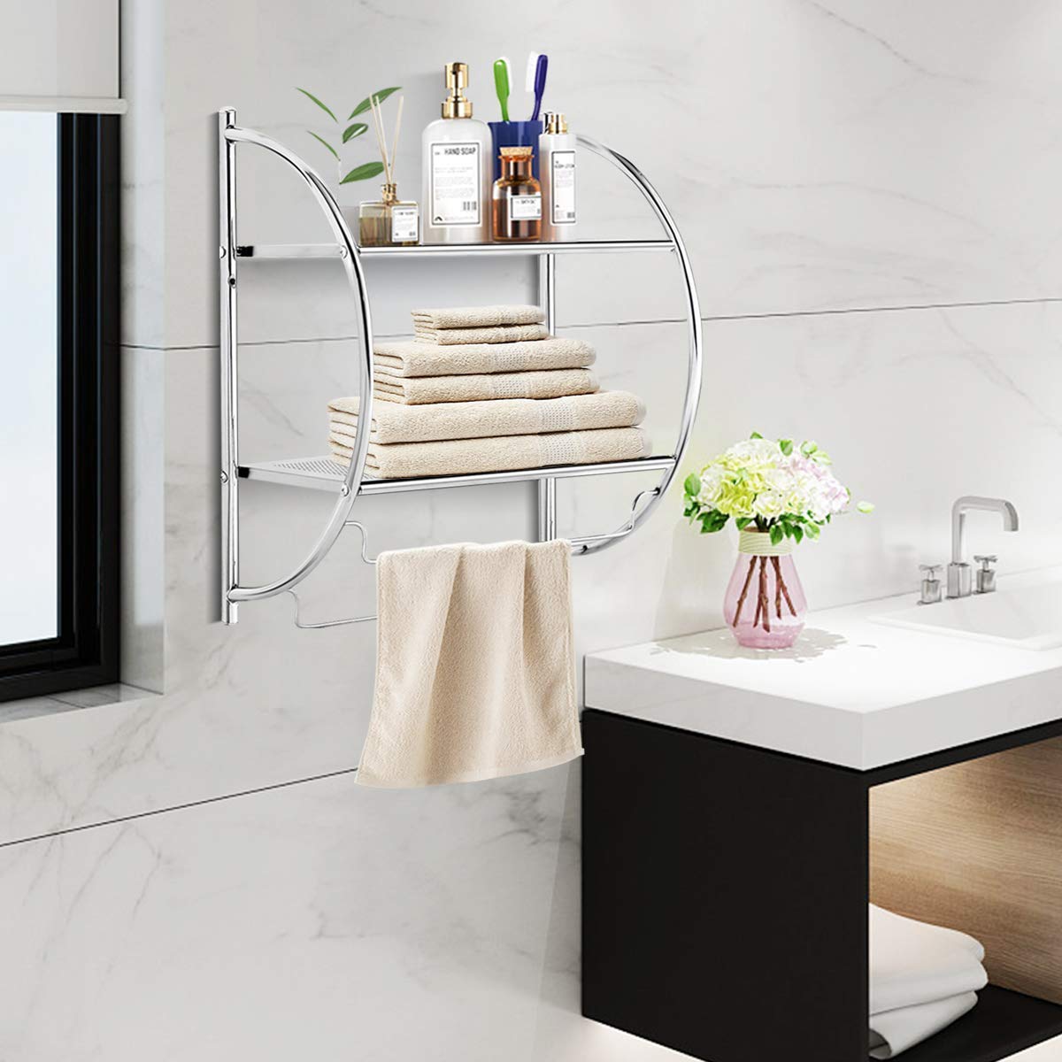 Estante de baño de 2 niveles con toalleros, estante de toalla montado en la pared con diseño de ahorro de espacio, estante de almacenamiento de baño cromado multifuncional para baño, 3