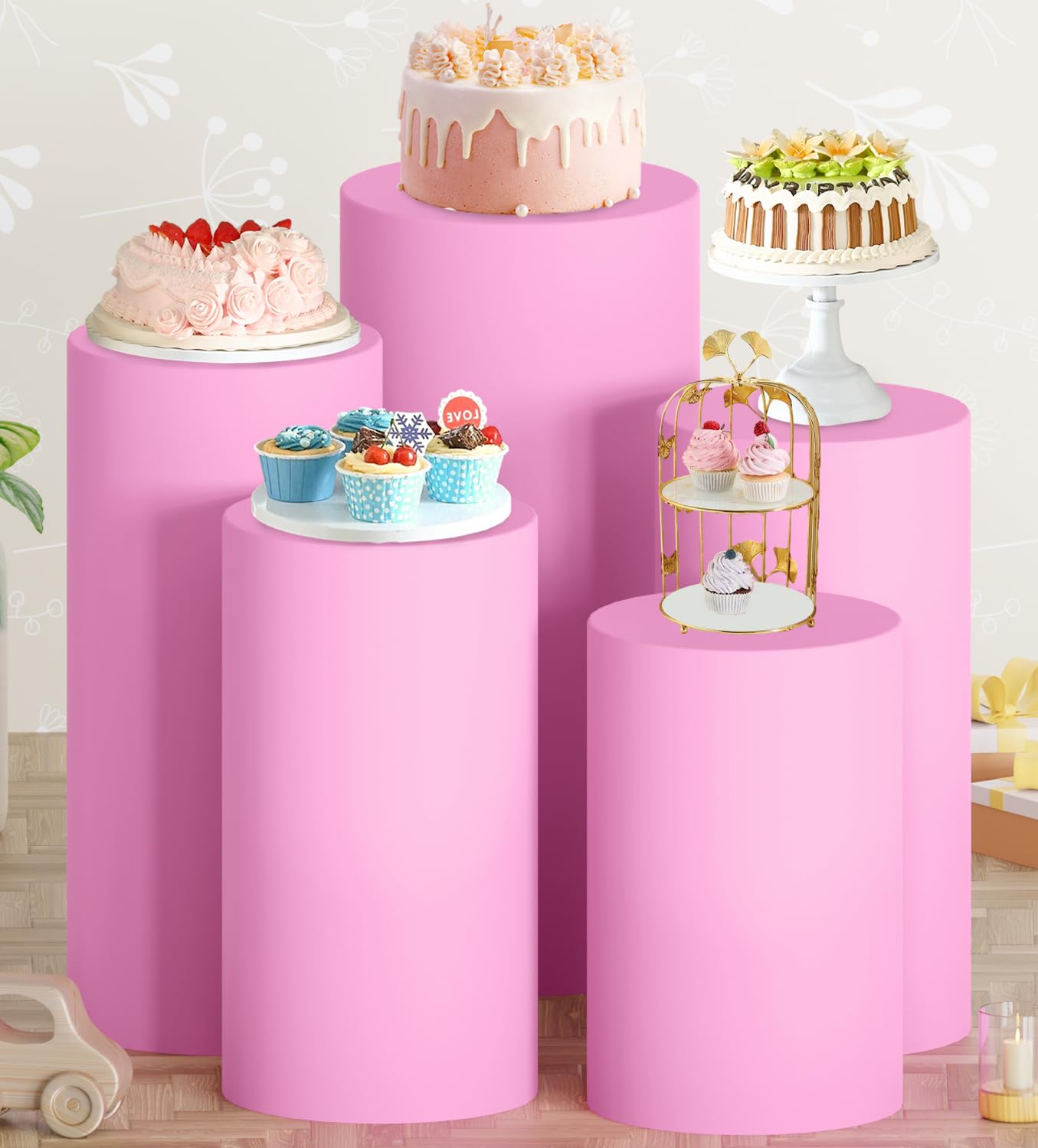 MODFUNS Set of 5 Cylinder Cover Pink Cylinder Pedestal Cover Elastic Cylinder Stand Cover Spandex Pillar Cover Luxury Cylinder Plinth Display Box