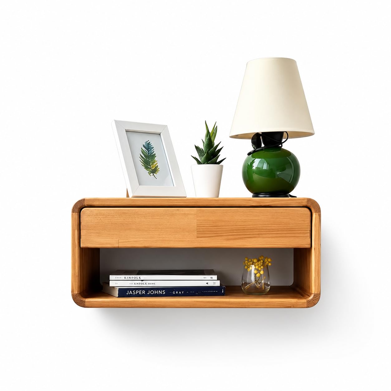 Solid Wood Wall Mounted Bedside Table with Drawer and Open Shelf | Wooden Floating Nightstand for Modern Bedroom-image-29