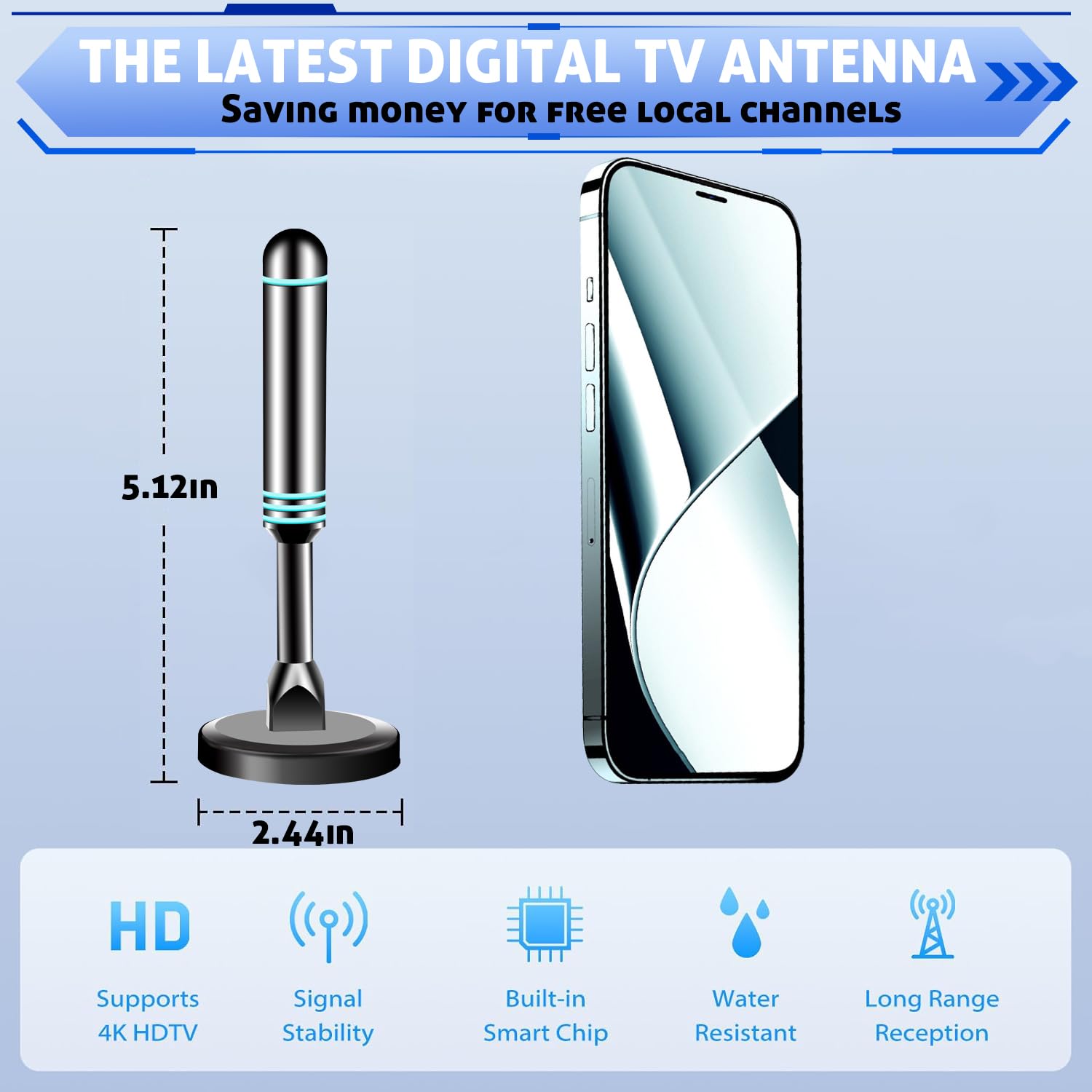 Antenna digitale per Smart TV da interni, antenna TV per canali locali, forte antenna TV con base magnetica per interni per una facile installazione, ricezione a lungo raggio per 4K 1080p, supporta
