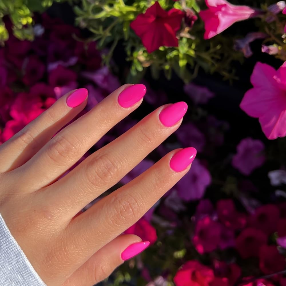KQueenest Hot Pink Press on Nails Short Oval, Short False Nails Almond, Glossy Solid Vibrant Bright Pink Fake Nails Set - Image 3