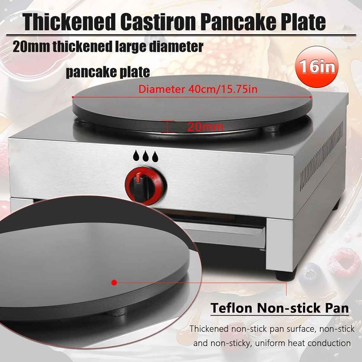 Máquina de crepes y panqueques a gas de 15.7 pulgadas, plancha antiadherente de temperatura ajustable para negocios, fiestas, perros calientes, huevos