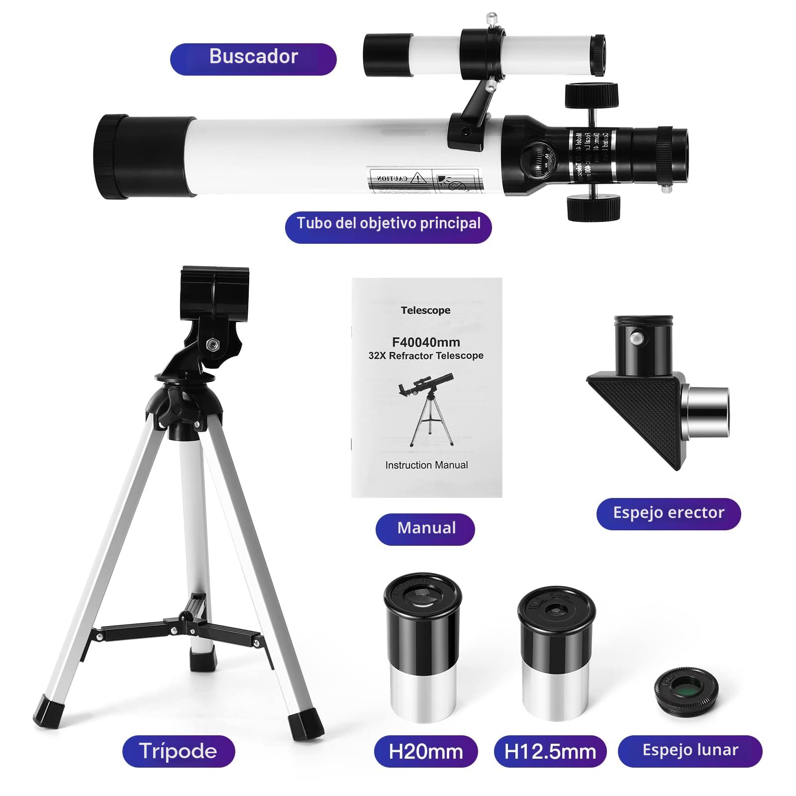 Telescopio para Niños, Uverbon F40040 Telescopios Astronómicos con Brújula de Alcance de Buscador y Telescopio Refractor de Trípode para Niños y Principiantes