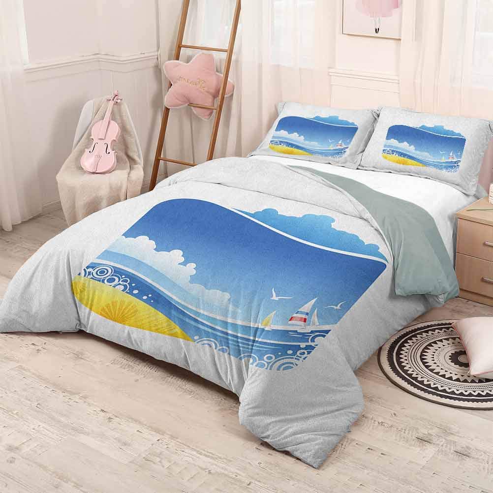 prunushome Beach Duvet Cover Set Exotic Wavy Sea with Seashells Wind Boats Seagulls Open Skyline Cartoon Style Lightweight Blue Yellow White 90x90in/20x30inx2