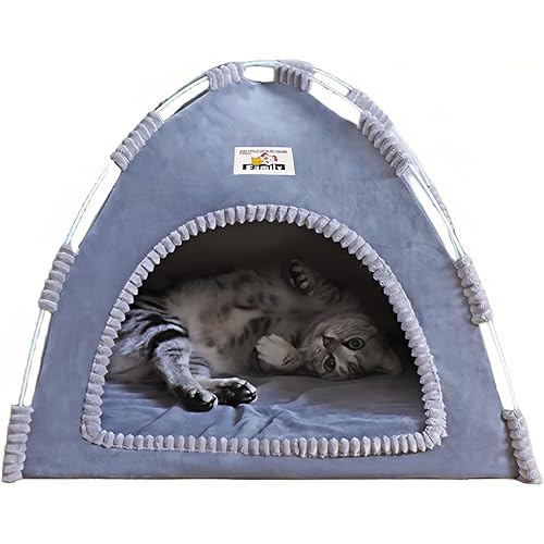 VEDEM Foldable Pet House Tent Indoor Cat Dog Cave Bed Teepee Hideout for Cats and Small Dogs (Small, Plush Fabric-Grey)