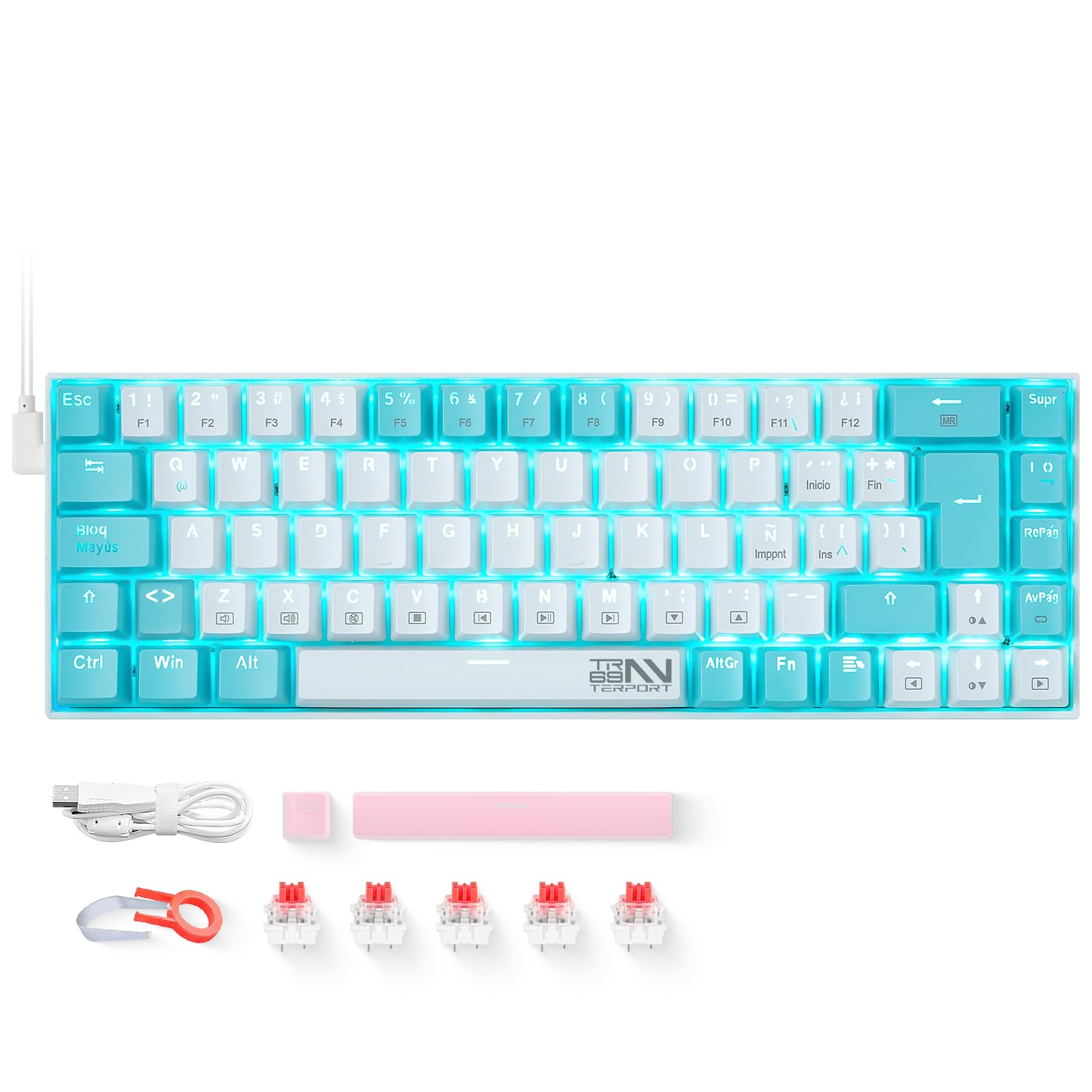 TERPORT Z-11 Teclado Mecánico Español de 69 Teclas, Teclado Juegos 60% Pequeño Compacto, Keyboard de Interruptores Rojo, Teclado con Ñ y18 Modos Retroiluminación, Diseño Portátil,para Wind/Mac - Blanco/Azul(Red switch)
