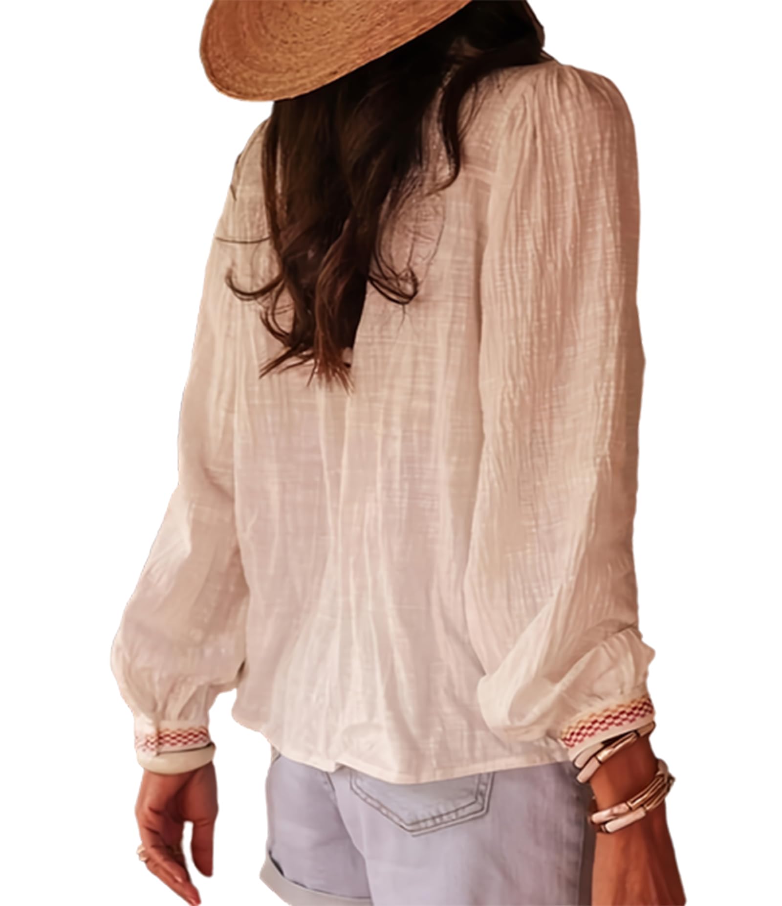 Chemises Boutonnées pour Femmes À Fleurs Vintage avec Broderie Manches Évasées Longues Blouse Décontractée Boho pour Vacances
