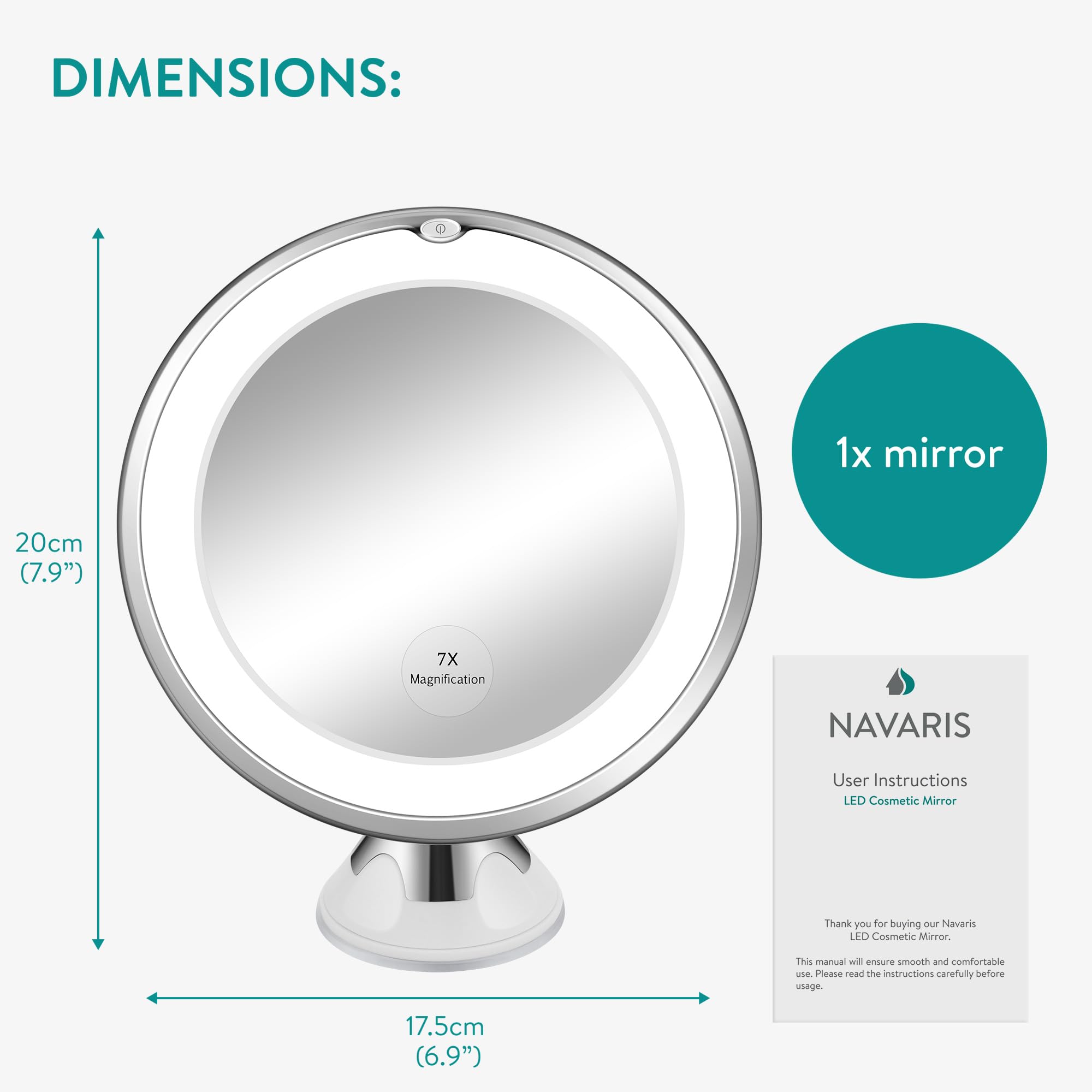 Navaris oświetlenie powiększające LED - Zoom 7X - przyssawka ścienna - obrót o 360° - podświetlane lusterko - Łazienka - Makijaż kosmetyczny