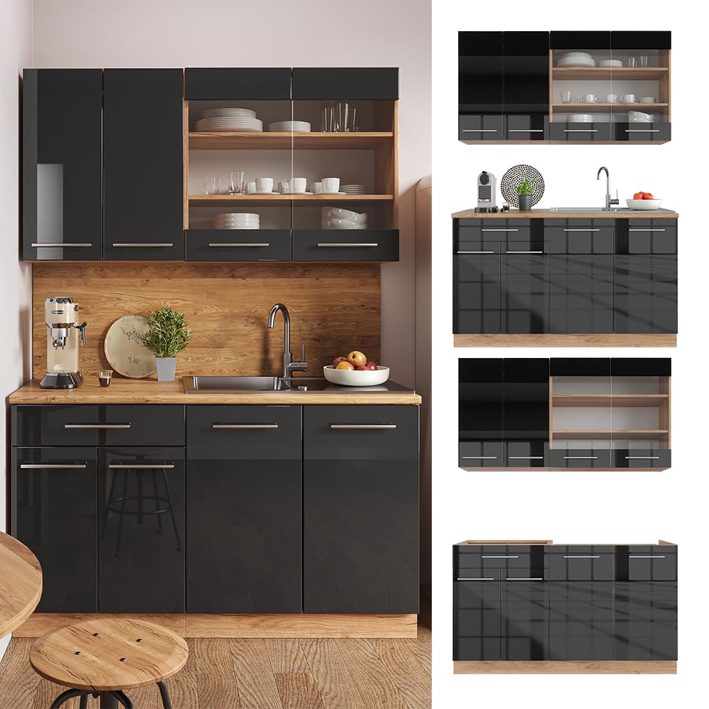 Vicco Cuisine Fame-Line, Anthracite Brillant/Chêne doré, 140cm | PT Anthracite, pour une combinaison libre avec des modules de cuisine complémentaires