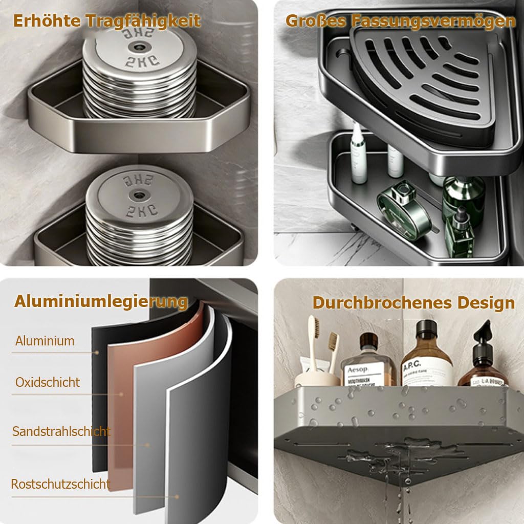 Duschablage Ohne Bohren Rostfreie Aluminium, Shampoo Halterung für Dusche, Platzsparender Wandorganizer Duschregal Eckablage für Kosmetik Pflegemittel,Grau,2Stufe