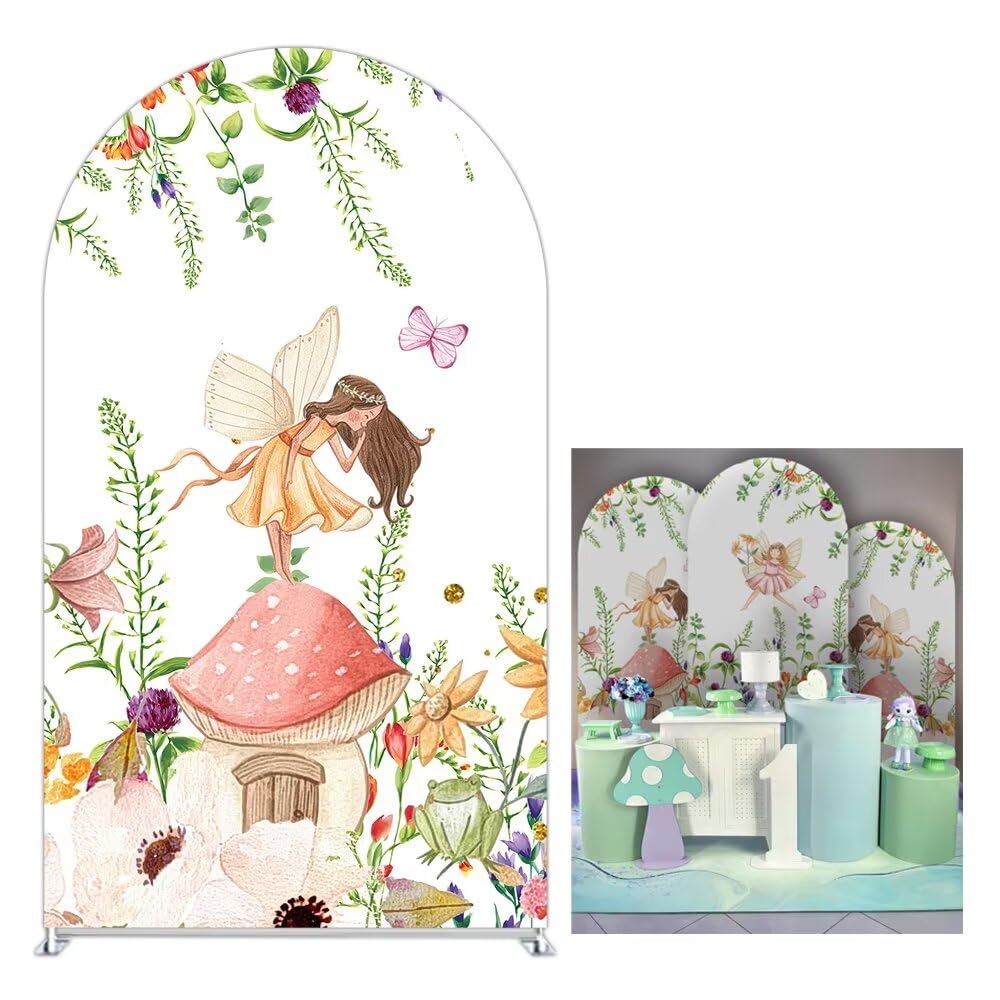 Iydamc Butterfly Fairy Arched Stretchy Fabric Covers Mushroom House Floral Arch Stand Backdrop Covers for Princess Girl Birthday Party Decorations