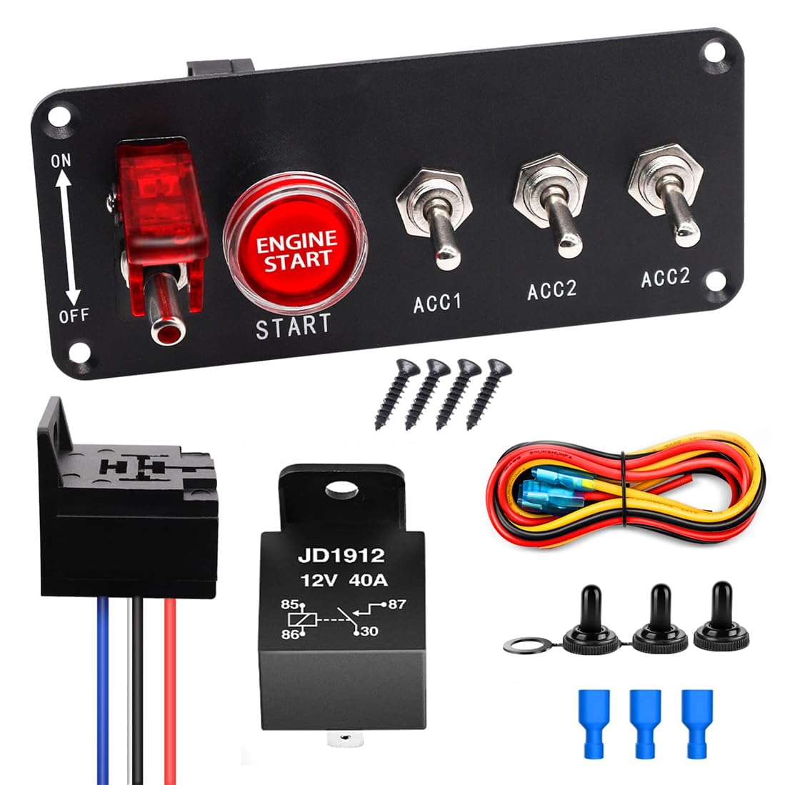 Auto Car Starter Switch Panel, Rocker Switch with Engine Push Button Toggle Switches with relay wiring harness LED for RV Truck Racing Car Boat Marine Trailer Switch Replacement, Style B