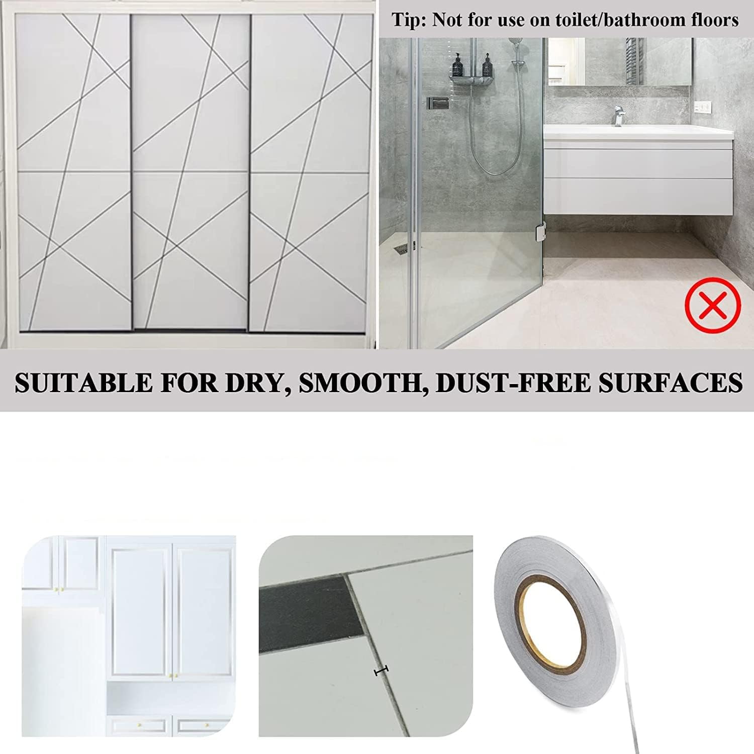 Vyoma Floor Tiles Foil Lines Metalized Mirror Tape, Self-Adhesive Tile Seam Sticker, Waterproof Gap Sealing Foil Decor Tape for Wall, Cabinet, Kitchen.1CM*50M (Silver) (Silver) 2