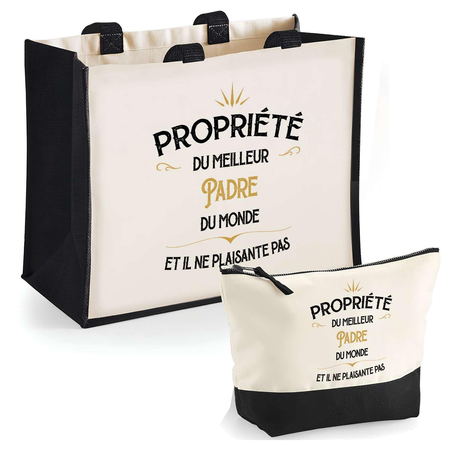 Duo Cabas Jute et Trousse Noire Propriété du Meilleur Padre Cadeau Homme Humour Fête des Pères Papa Anniversaire Noël | Sac Shopping Courses et Pochette