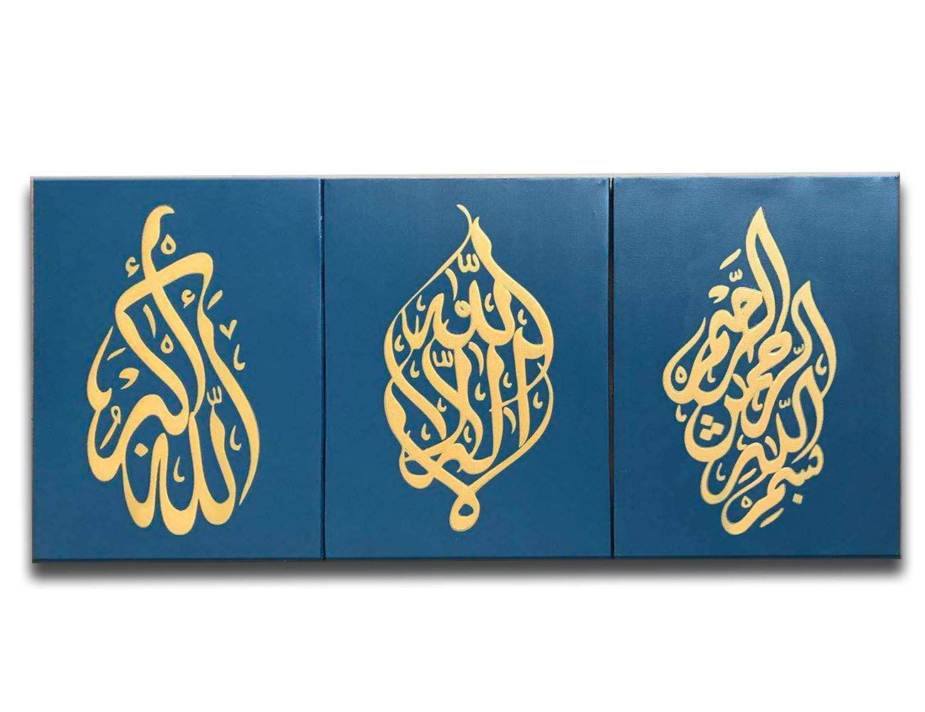 Islamic Arabic Calligraphy Oil Painting on Wall Art 3 Piece for Living Room Home Decorations Handmade Pictures Artwork Wooden Framed (Teal Gold)