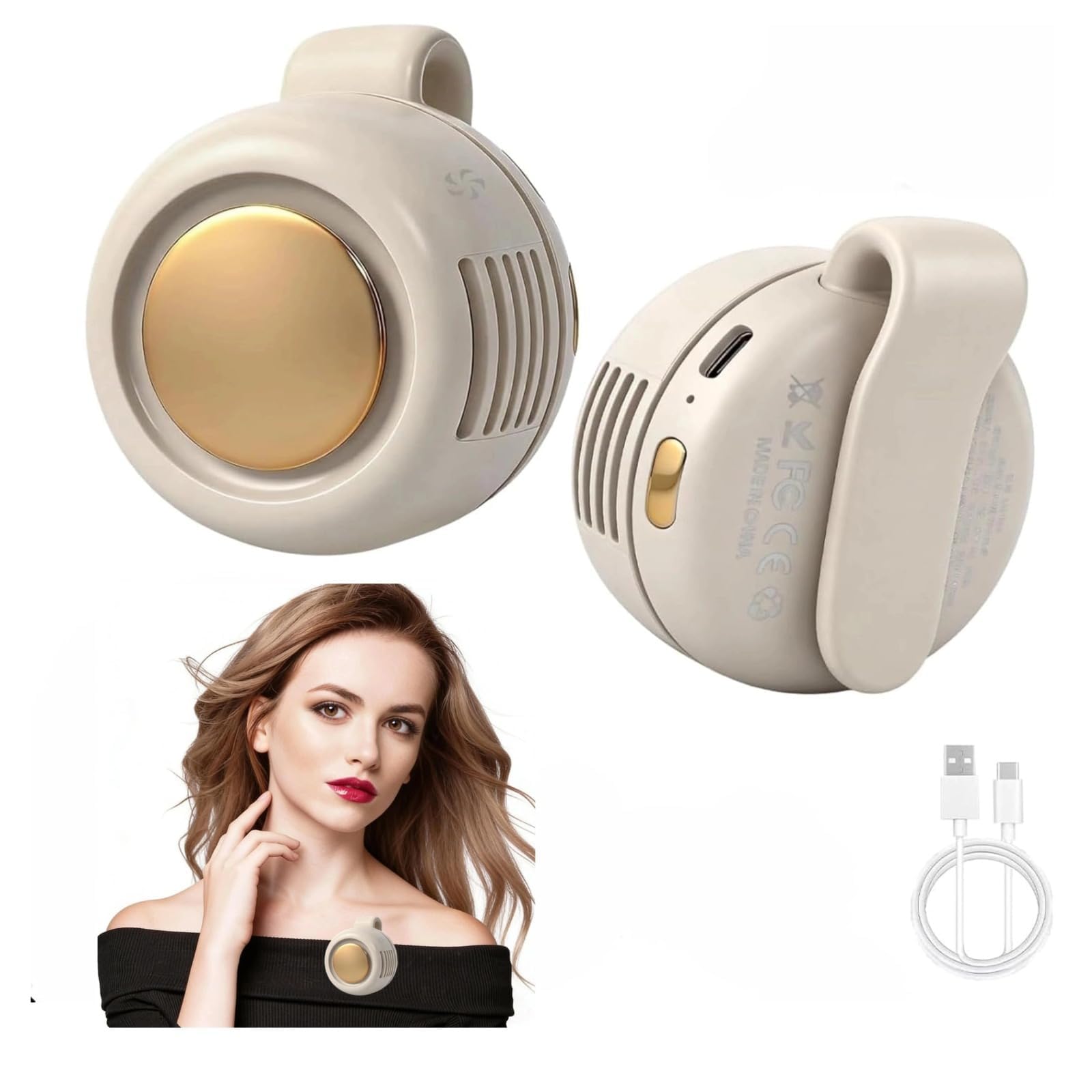 Compact Mini Fan with Clip, Silent Bladeless Portable Fan, Mini Shirt Clip Fan, Waist Clip Fan, 3-Speed ​​Rechargeable Mini Fan, Clip on Fan for Clothes (Off-White)