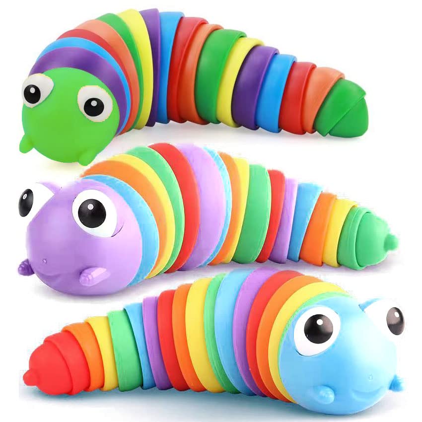 3pcs Fidget Slug Toy, 3D Printed Articulated Slug Fidget Toys Rainbow Color, Funny Sensory Toy Gift for Toddler Kids Autistic Boys Girls Adult ADHD Fidgets Stress Relief Toy -