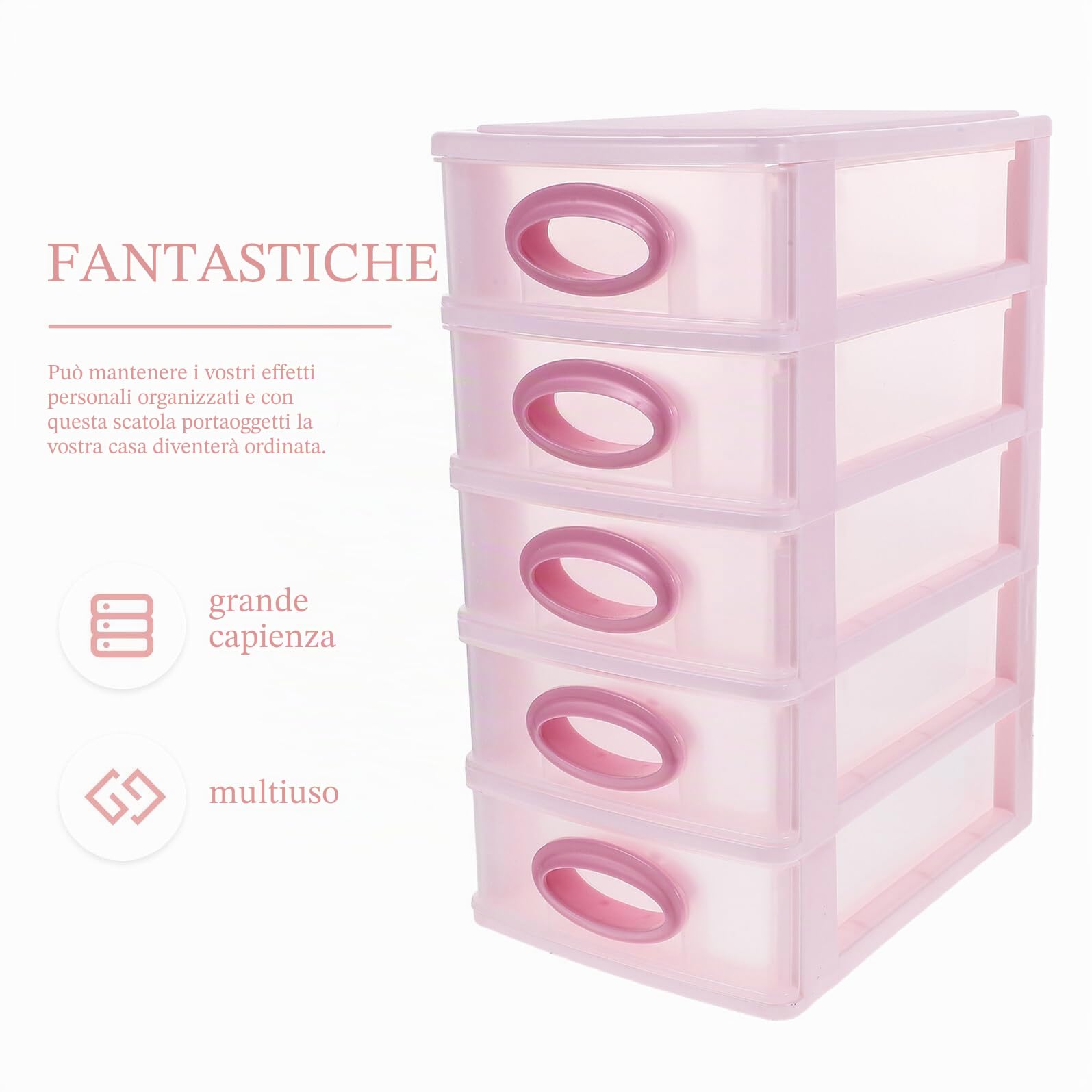 Organizer da Scrivania 5 Cassetti in Plastica PP Rosa Cassettiera Portaoggetti per Trucco e Cancelleria Soluzione Salvaspazio per Ufficio Camera e Cucina