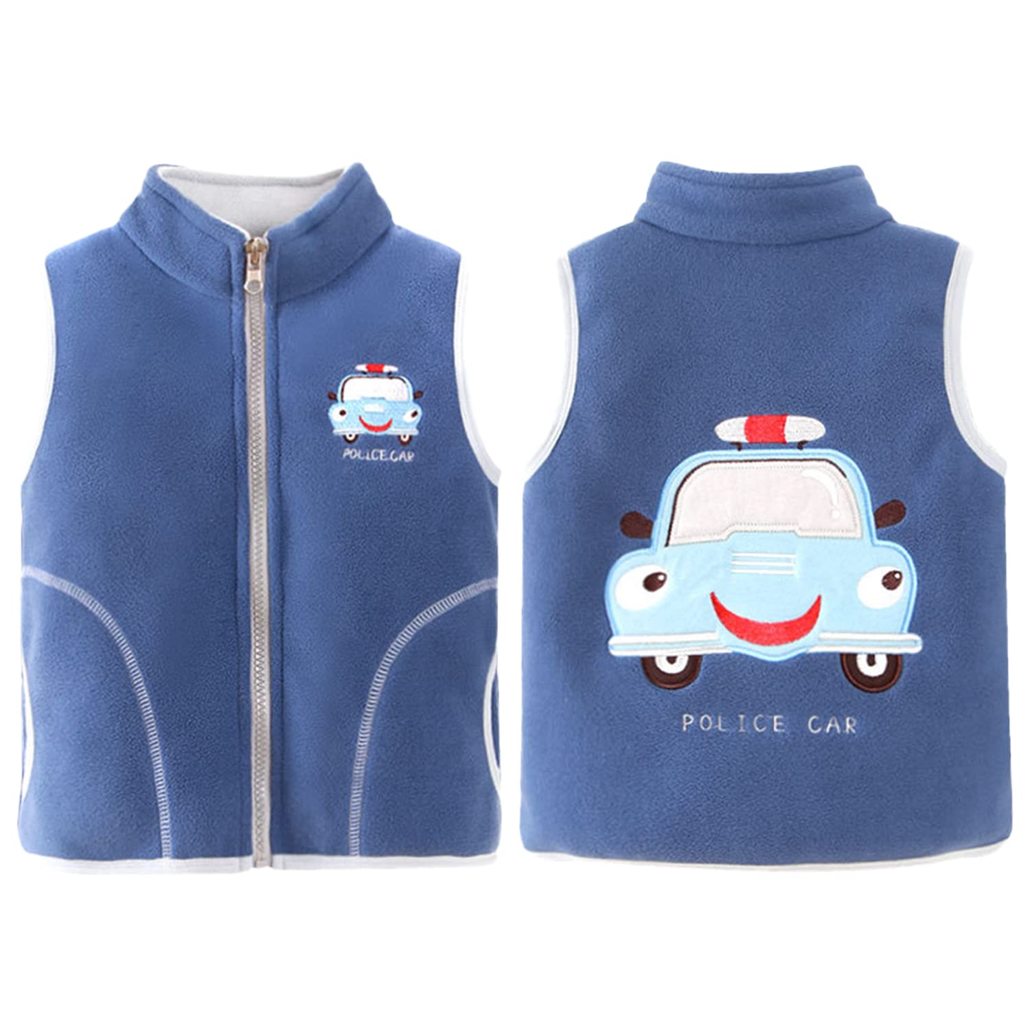 Bébé Enfants Garçons Gilet Polaire Fermeture Éclair Complète Col Montant Veste Sans Manches Manteau Survêtement Automne Hiver Gilets pour 1-8 Ans - Motif Voiture de Police