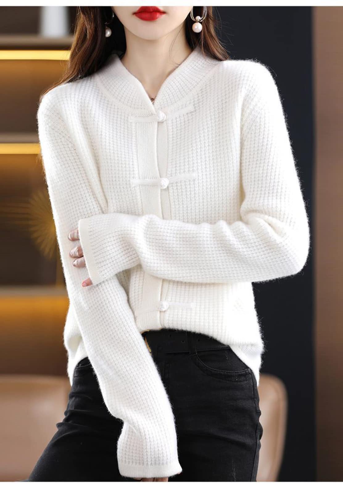 AGAATI Jersey de Punto para Mujer, cárdigan de Cachemira, Top de Punto de Lana con Hebilla Vintage, Rojo, XL, suéter de Manga Larga (Blanco M)