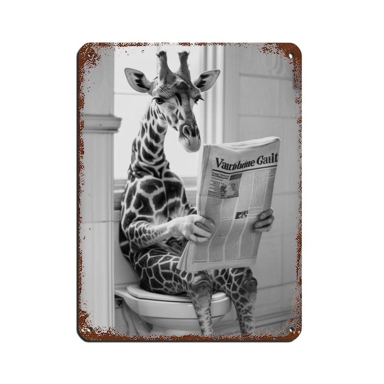 Giraffe Sitting on The Toilet Reading A Newspaper Retro Poster Metal Tin Sign Chic Art Retro Iron Painting Bar People Cave Cafe Family Garage Poster Wall Decoration 12x16inch(30x40cm)