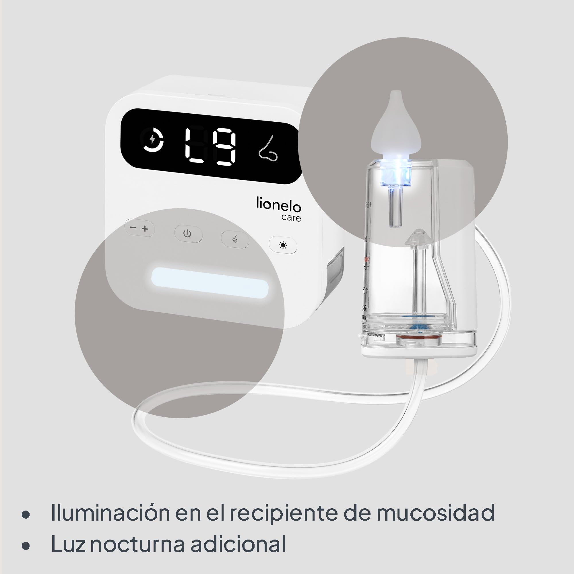 Lionelo BabyAir Flow Aspirador nasal eléctrico para bebés y niños | 9 modos de succión | Limpieza potente y suave | USB-C recargable | Batería de hasta 2,5 horas | Luz nocturna | 3 puntas de silicona