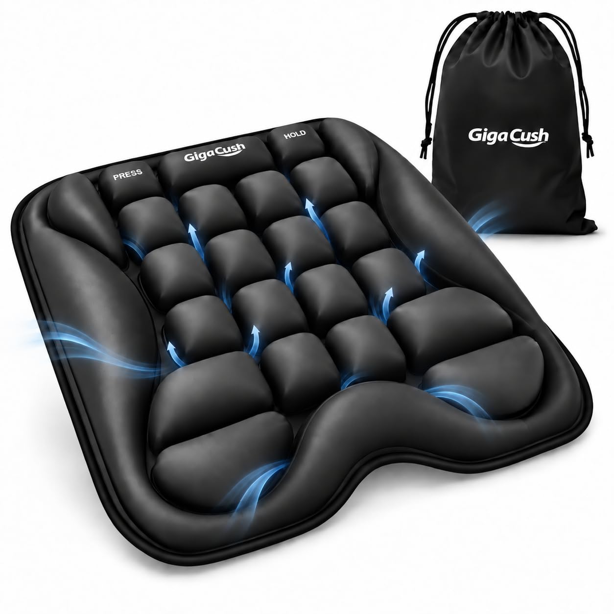 Photo 1 of GigaCush Airplane Seat Cushion for Long Flights, Inflatable Travel Seat Cushion with Built-in Pump, Adjustable Air Cell Support, Lightweight Portable Seat Pad for Stadiums and Concerts, Black