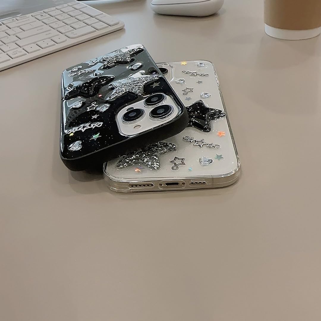 Funda para teléfono Starry Glitter para iPhone 15 14 13 12 11 Pro MAX X XR Xsmax 7 8 Plus Transparente Negra con Estrellas 3D y Diamantes de Imitación (para iPhone 11/830-negro)