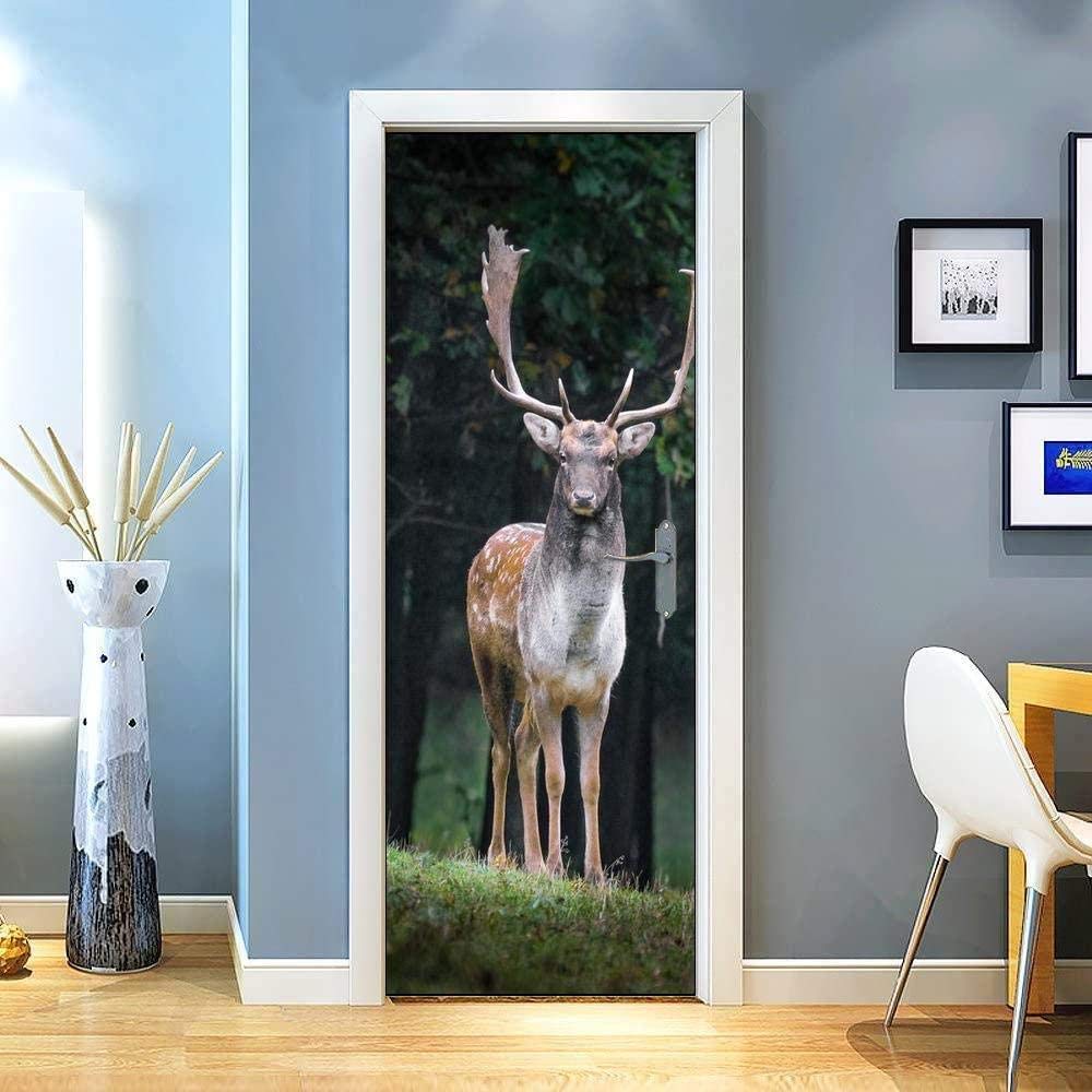 Adesivi Murali 3D Per Porte – Foresta Con Cervo E Fiume, 80x200 Cm, Vinile Impermeabile Autoadesivo Per Camera, Bagno, Ufficio
