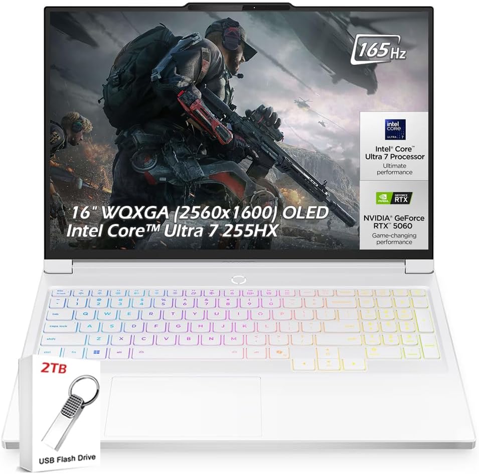 Lenovo Legion 7i Gaming Laptop, Intel Ultra 7 255HX, 16" OLED 2.5K (2560x1600) 165Hz 500nits, 16GB DDR5 1TB SSD, RTX 5060, 5MP Camera E Shutter, Wi-Fi7, Win 11, Glacier White, 2TB USB Drive, W/GaLiMu