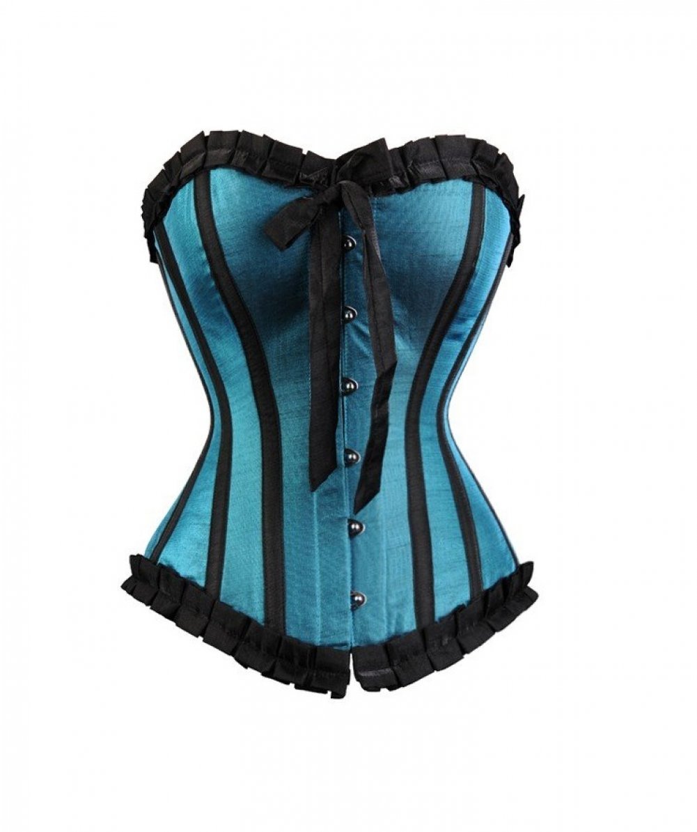Blue Satin Gothic Retro Burlesque Costume Overbust Corset Waist Training Basque