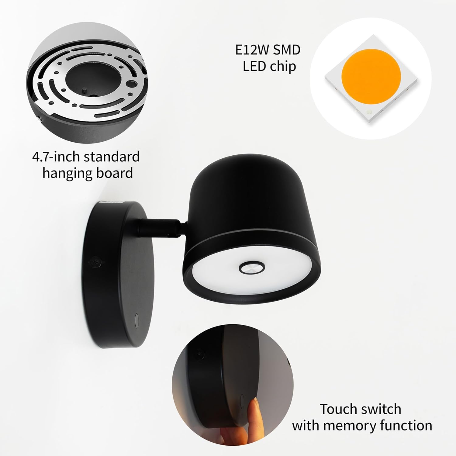 Aisilan LED Modern Wall Sconce with Touch Switch,12W Dimmable Hard-Wired Wall Light, Adjustable Black Hallway Light Fixtures, Up and Down Wall Mount Lamp for Bedroom Reading Living Room Bedside